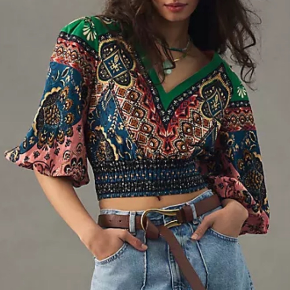Farm Rio for Anthropologie | Deep-V Puff-Sleeve Linen Blend Boho Crop Top (S)